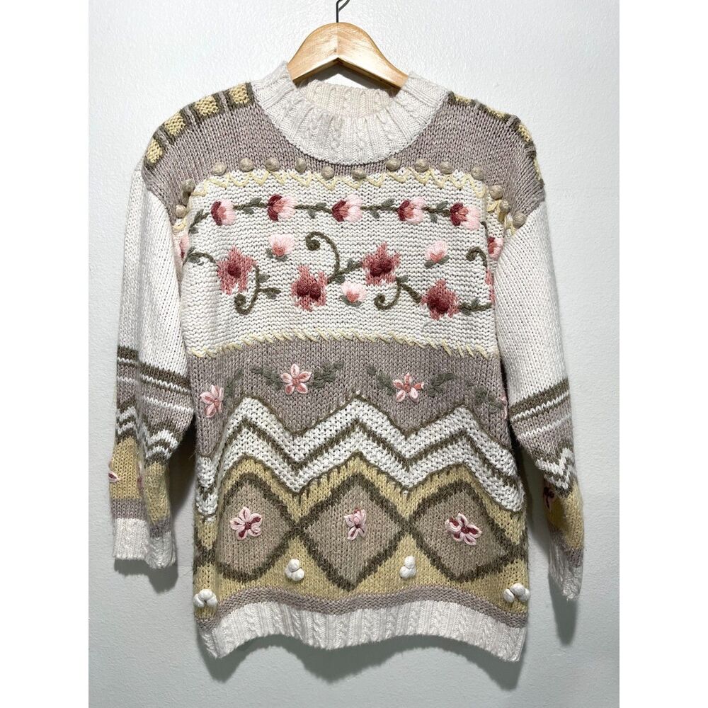 B.P. Design ramie blend sweater VTG classic cottage core embroidered women M